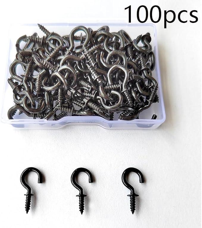 Set of 100 Nickel Plated Metallic Black Cup Hooks Small Hooks, 1/2 Inch Delicate Size, Threaded Ceiling Hooks, Plant Hooks, Kitchen, and More Multi-Purpose in One