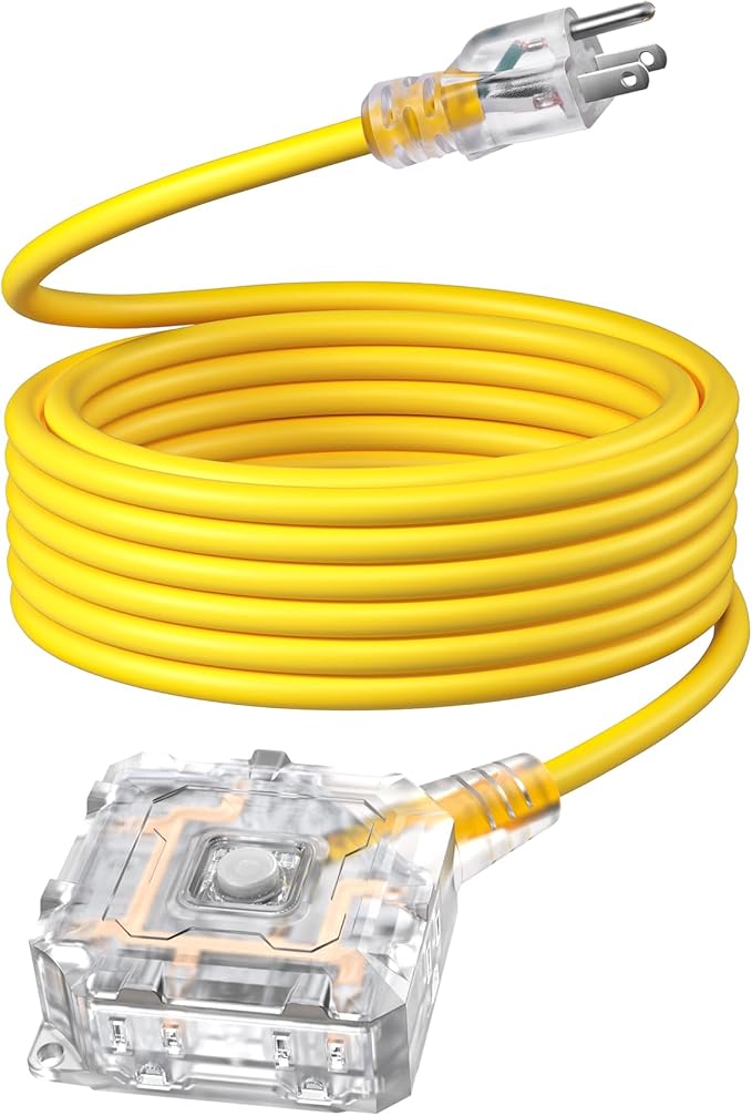 DEWENWILS 25FT Outdoor Heavy Duty Extension Cord, 14 AWG SJTW Power Cord with Dust-Proof & Waterproof Switch, 6 Outlets Transparent Plug Tail for Multiple Devices, 15A/125V/1875W, ETL Listed