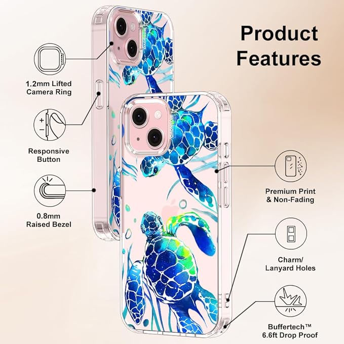 MOSNOVO Case for iPhone 15 Plus/iPhone 14 Plus, [Buffertech 6.6ft Military-Grade Drop Protection] [Anti Peel Off Tech] Clear TPU Bumper Phone Case Cover Design - Sea Turtles