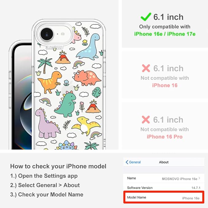MOSNOVO for iPhone 17e Case/iPhone 16e Case, Shockproof Military-Grade Protection 6.6ft Drop Tested, Clear Phone Case for iPhone 16e / iPhone 17e, Dinosaur Land Design
