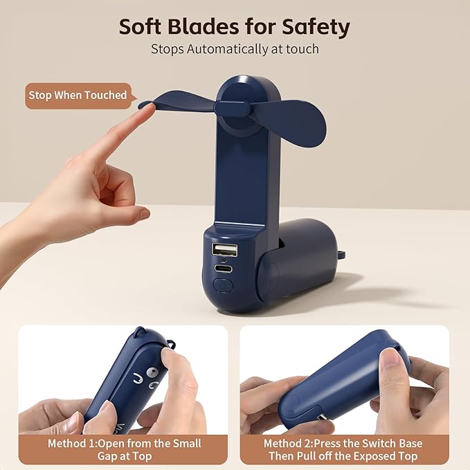Mini Handheld Fan,USB Rechargeable 3 IN 1 Personal Cooler Fans with Power Bank,LED Flashlight,Small Foldable Portable Pocket Fan-Travel & Emergency Essentials for Outdoor Navy Blue