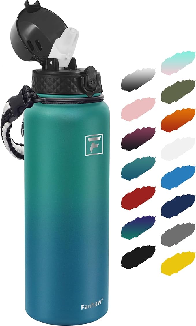 Fanhaw 40 oz Insulated Stainless Steel Water Bottle with Straw Lid, Leakproof Extra-Large Sports Bottle for Men & Women (Green Blue)