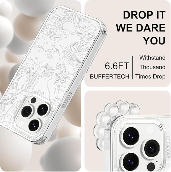 MOSNOVO Case for iPhone 14 Pro, [Buffertech 6.6ft Military-Grade Drop Protection] [Anti Peel Off Tech] Clear TPU Bumper Phone Case Cover Design - White Dragon
