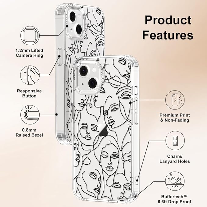 MOSNOVO for iPhone 13/14 Case | Military Grade 6.6ft Drop Tested | Clear with Abstract Face Line Art Design