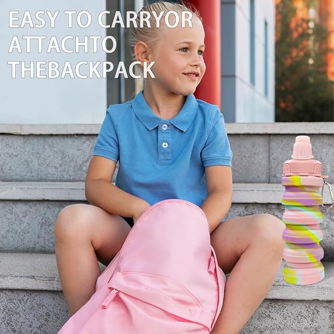 Silicone Collapsible Sports Water Bottles 500ml 16oz,Leak proof Twist Cap BPA Free Retractable for Home Outdoor,Biking,Hiking Portable Water Bottle Cups(1#Pink)