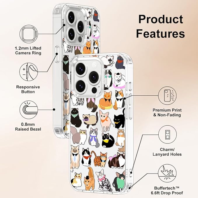 MOSNOVO Case for iPhone 14 Pro, [Buffertech 6.6ft Military-Grade Drop Protection] [Anti Peel Off Tech] Clear TPU Bumper Phone Case Cover Design - Cute Cats