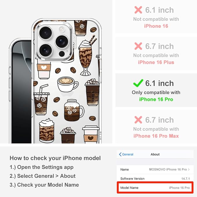 MOSNOVO Case for iPhone 16 Pro, [Buffertech 6.6ft Military-Grade Drop Protection] [Anti Peel Off Tech] Clear TPU Bumper Phone Case Cover Design - Coffee