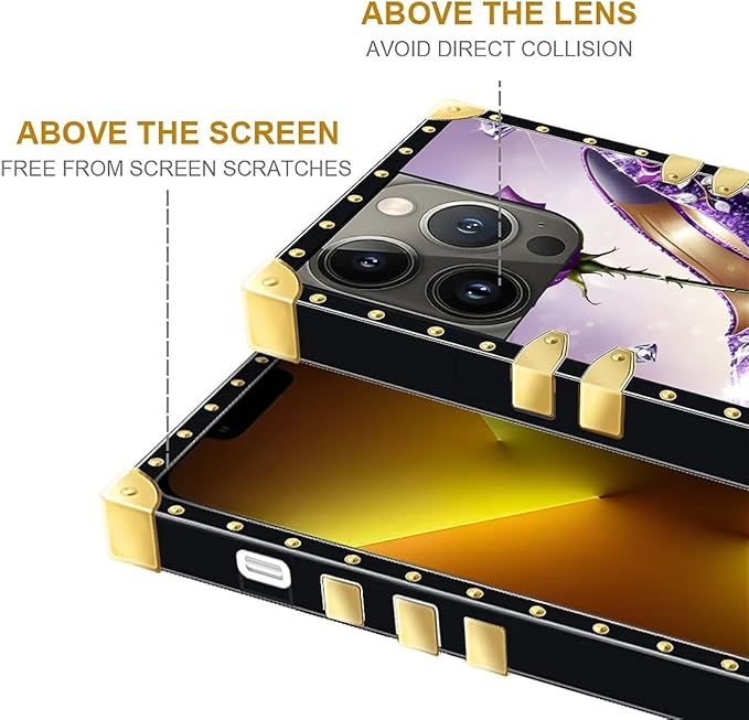 Compatible with iPhone 13 Pro Max Case, High Heeled Purple Diamond Rose Luxury Golden Decoration for Girl Women Soft TPU Shockproof Protective Hard PC Back for iPhone 13 Pro Max