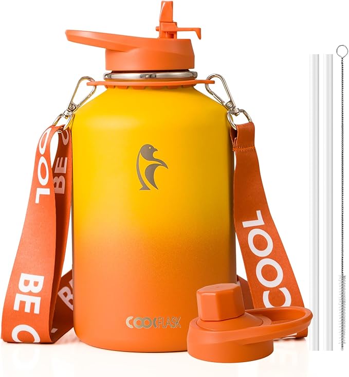 Coolflask Half Gallon Water Bottle with Strap, 64oz Insulated Water Jug Stainless Steel with Straw & Spout Lids, Metal Large Water Flask, Keep Cold 48h Hot 24h, Leak Proof, Non-BPA, Yellow/Orange