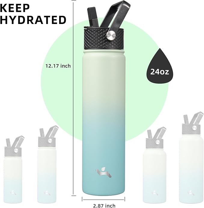 Konokyo Insulated Water Bottle 24oz Stainless Steel Sport Bottles with 3 Lids,Mint