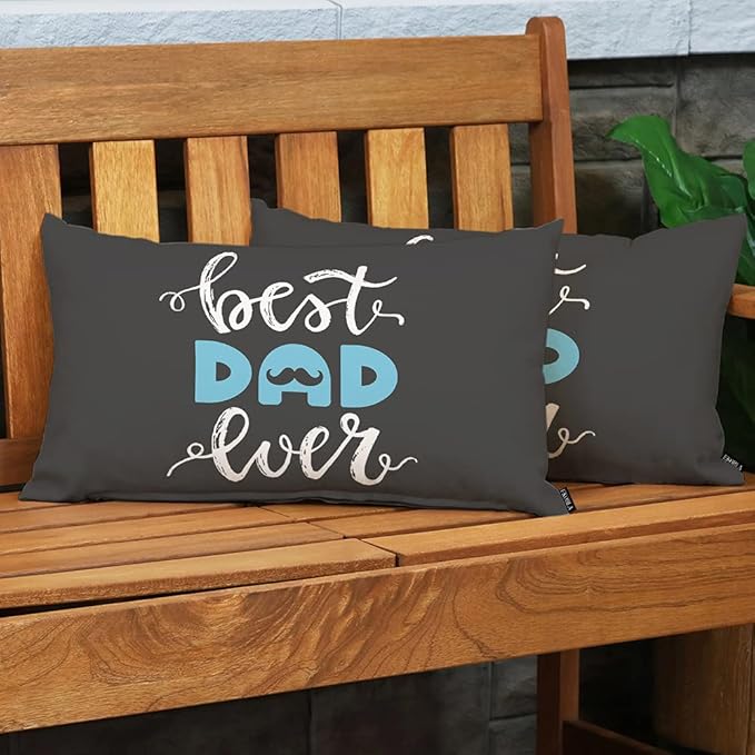EKOBLA Happy Father's Day Lumbar Pillow Cases Best Dad Ever Mustache Beard Calligraphy Blue Black White Decorative Throw Pillow Cover Rectangle Cushion Covers Cotton Linen 12x20 Inch for Men Women