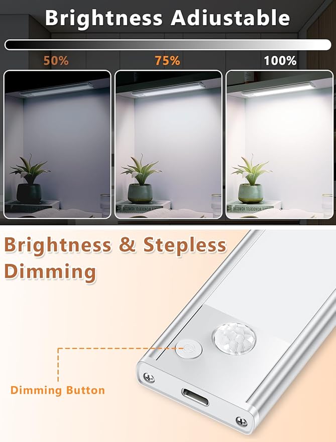 Under Cabinet Motion Sensor Lighting: 14 Inch Dimmable Rechargeable Lights Indoor - Battery Operated Lights - Undercabinet Closet Light Magnetic Led Light for Kitchen Home Bathroom Counter 3 Pack