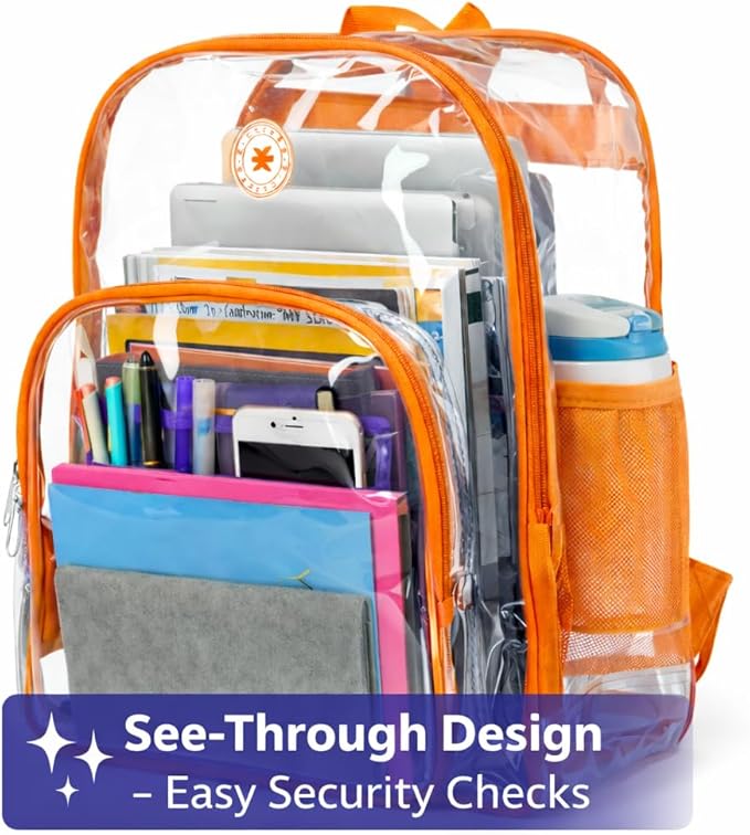 K-Cliffs Large Transparent Backpack Clear Heavy Duty School Bag Durable Student Bookbag See Through Vinyl Daypack Workbag