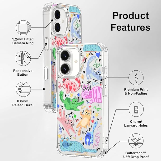 MOSNOVO for iPhone 17 Case, Shockproof Military-Grade Protection 6.6ft Drop Tested, Camera Control, Clear Phone Case for iPhone 17, Doodle Cats Design
