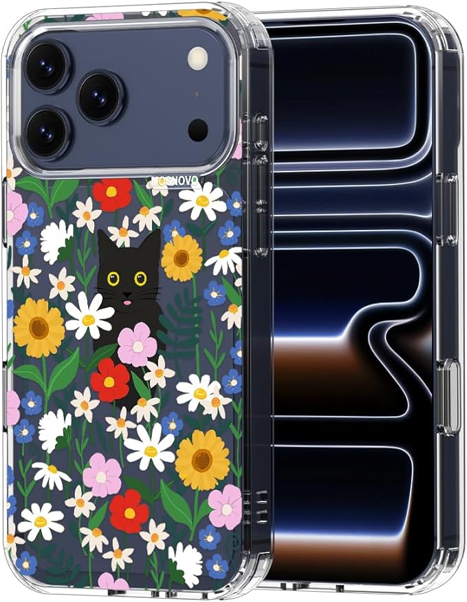 MOSNOVO for iPhone 17 Pro Max Case | Military Grade 6.6ft Drop Tested | Camera Control | Clear with Black Cat in Garden Design