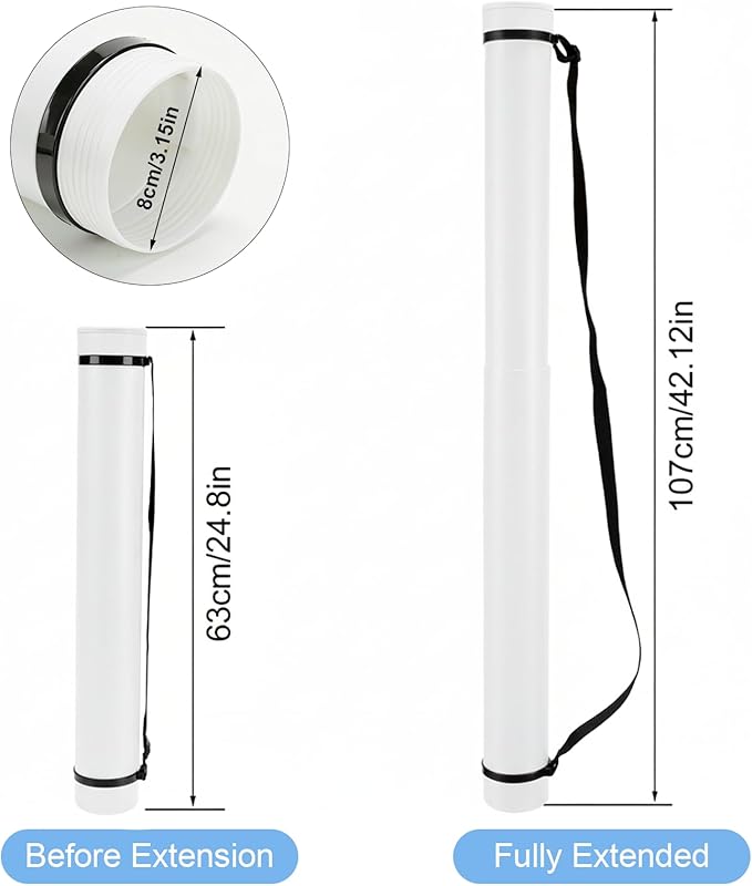 DEWEL Poster Tube, Waterproof Poster Holder Plastic Expandable Poster/Art/Document Storage Tube 24.5" to 40", Adjustable Poster Storage Blueprint Holder with Carrying Strap (White-Large Size)