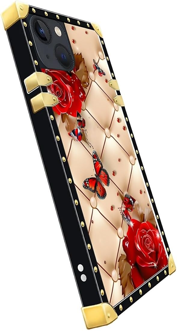 Compatible with iPhone 13 Case, Shining Red Rose Butterfly Leather Background Luxury Golden Decoration for Girl Women Soft TPU Shockproof Protective Hard PC Back for iPhone 13