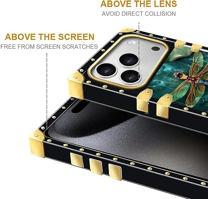 for iPhone 17 Pro Max Case Luxury Golden Decoration for Girl Women Soft TPU Shockproof Protective Hard PC Back for iPhone 17 Pro Max Crazy Pattern Colourful Dragonfly Pink Lily Pads