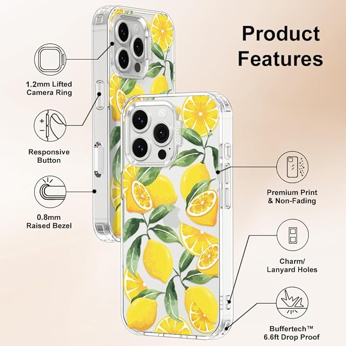 MOSNOVO Case for iPhone 16 Pro Max, [Buffertech 6.6ft Military-Grade Drop Protection] [Anti Peel Off Tech] Clear TPU Bumper Phone Case Cover Design - Lemon