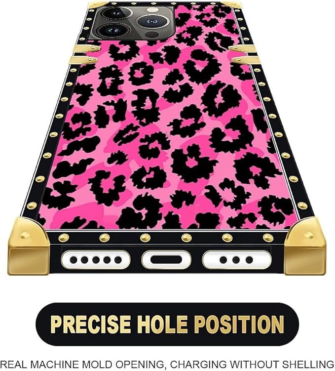 Compatible with iPhone 13 Pro Max Case, Pink Black Leopard Luxury Golden Decoration for Girl Women Soft TPU Shockproof Protective Hard PC Back for iPhone 13 Pro Max