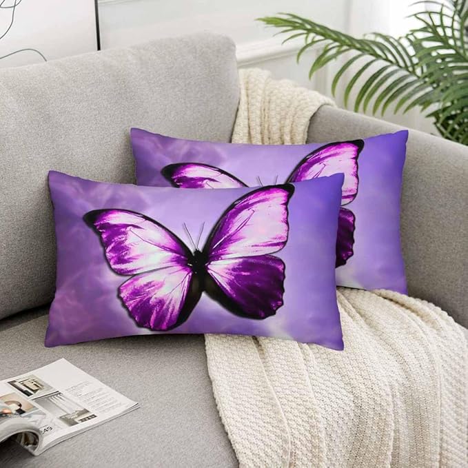 Purple Butterfly Couch Pillow Covers 12 X 20 Vibrant Magical Nature Insect Set of 2 Pillowcases Velvet Outdoor Cushion Pillow Cases Decorative for Home Bed Sofa Couch Hotel