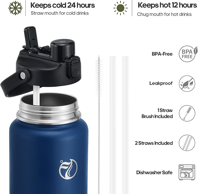 64oz Half Gallon Insulated Water Bottle with 2-in-1 Lid (Chug & Straw), Double Walled Vacuum Stainless Steel Water Bottles, Wide Mouth Leakproof Insulated Jug with Straw