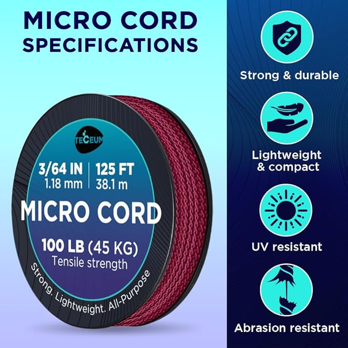TECEUM Micro Paracord – 1.18 mm X 125 ft – Micro Utility Cord – Thin Braided Paracord Rope – Best for Crafting, DIY Projects, Fishing, Camping – Wind Chime Replacement – Survival Strong String