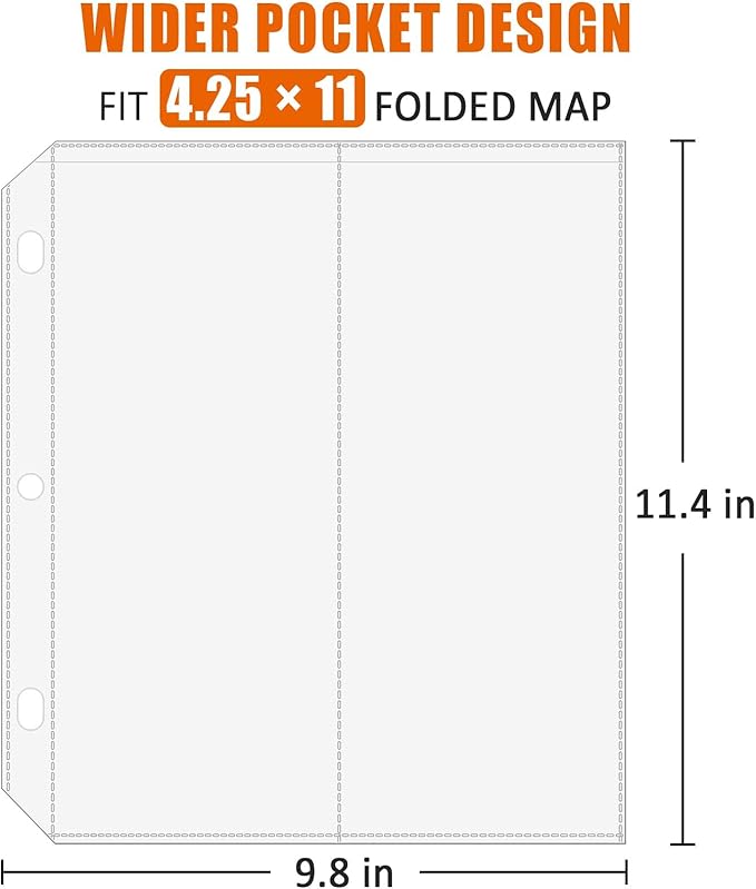 Folded Map Sleeves, Map Protector, Envelopes Page for 3-Ring Binders, Brochure Holder with 4.5" x 11" Pockets, 20PCS