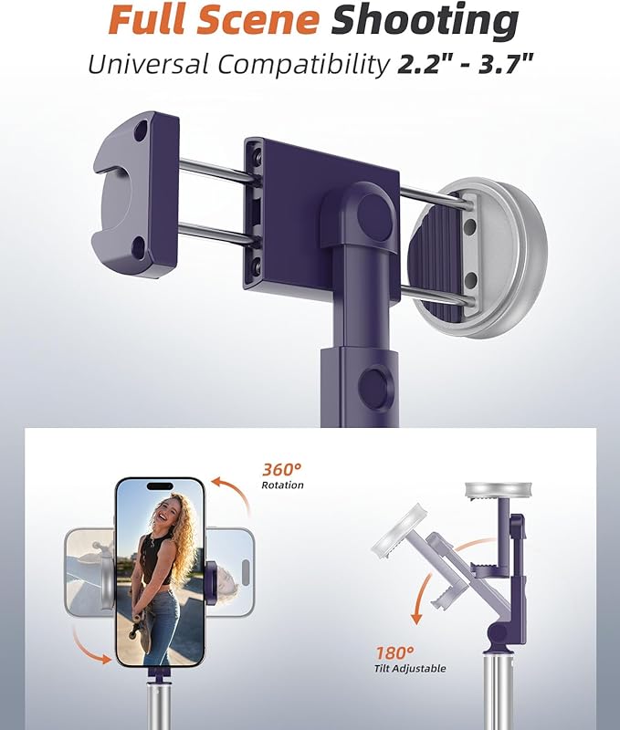 Vimose Phone Tripod & Selfie Stick with Remote, Portable, Lightweight for Video Recording Vlog, Extendable Travel Tripod Stand Compatible with iPhone Android, Purple, 62"