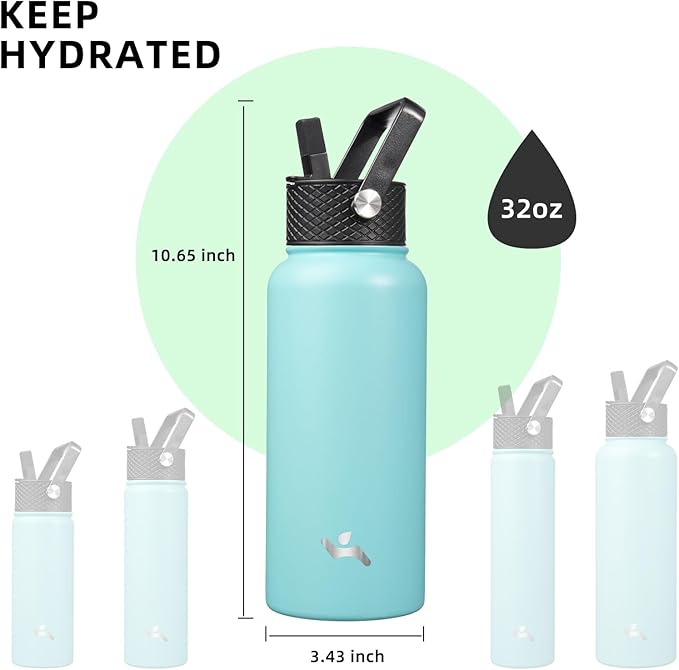 Konokyo 32 oz Insulated Water Bottle Stainless Steel Sport Bottles with 3 Lids,Turquoise