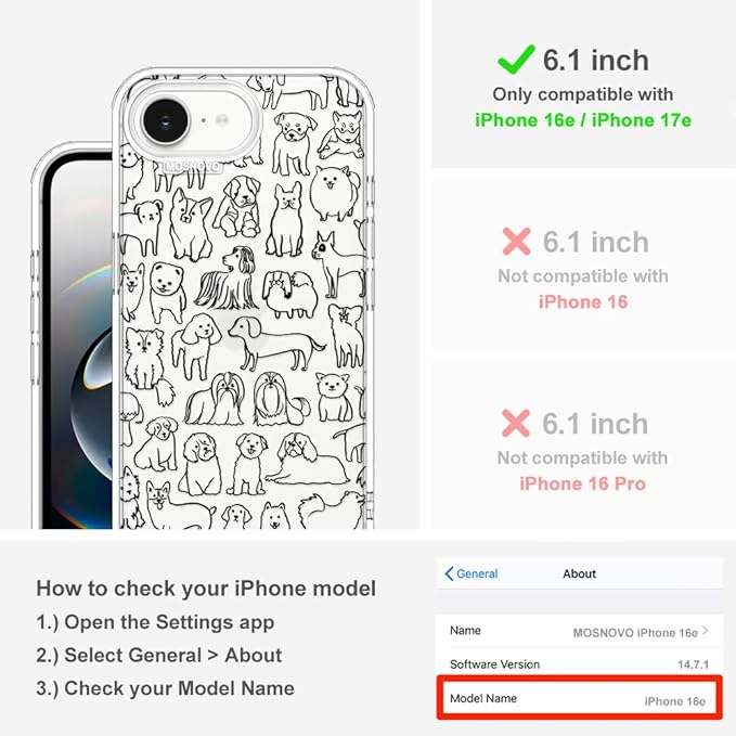 MOSNOVO for iPhone 17e Case/iPhone 16e Case, Shockproof Military-Grade Protection 6.6ft Drop Tested, Clear Phone Case for iPhone 16e / iPhone 17e, Doodle Dog Design