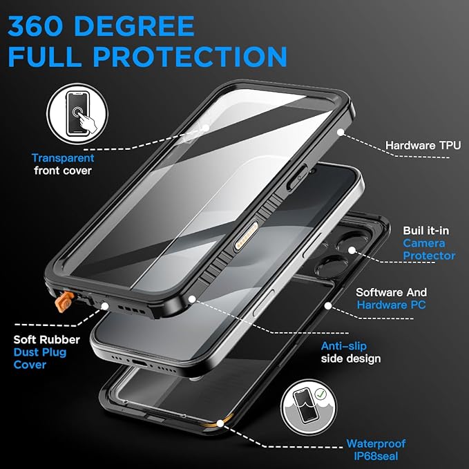 AICase Compatible with iPhone 17 Pro Case Waterproof, Clear Water Proof Built-in Screen Protector Shockproof Dustproof Snowproof Full Body Rugged Underwater Phone Case with Lanyard
