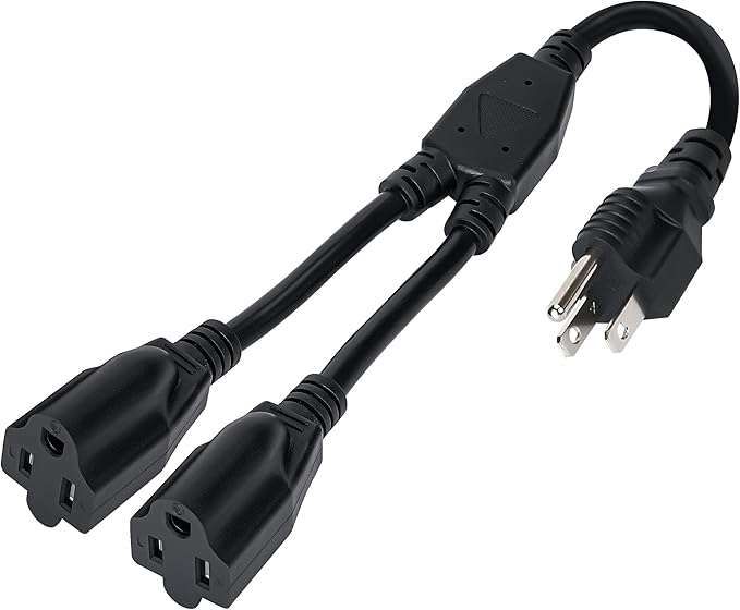 Elecan 3-Prong Y Splitter Power Extension Cord 1 FT, Straight Plug 1 to 2 Way Outlet Space Saver, Heavy Duty Weatherproof SJTW, 16AWG 13A, 5-15P Cable Extender for Indoor Outdoor-UL
