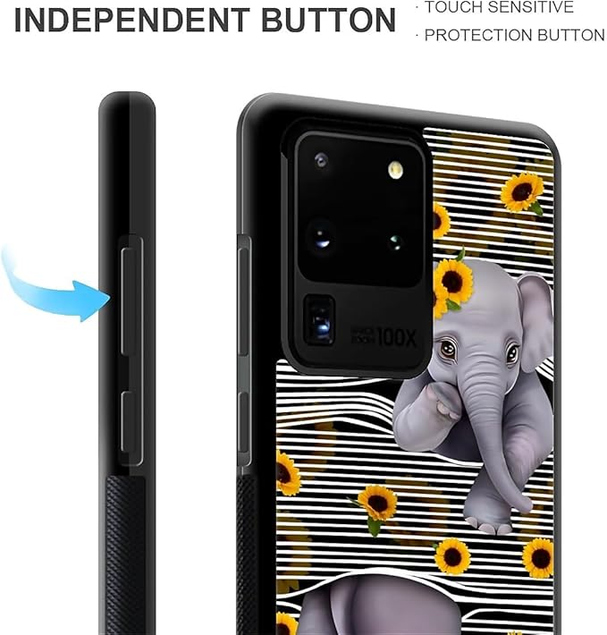 for Samsung Galaxy S20 Ultra Case, Cute Little Elephant Sunflower White Line Art Pattern Graphic Design Soft Silicone Hard Acrylic Shock Protection for Samsung Galaxy S20 Ultra