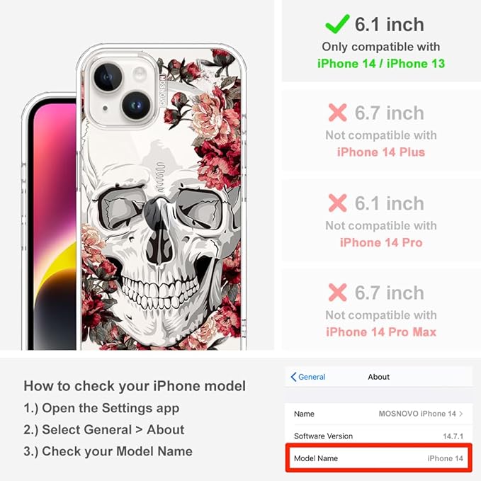 MOSNOVO for iPhone 13/14 Case | Military Grade 6.6ft Drop Tested | Clear with Red Flower Skull Design