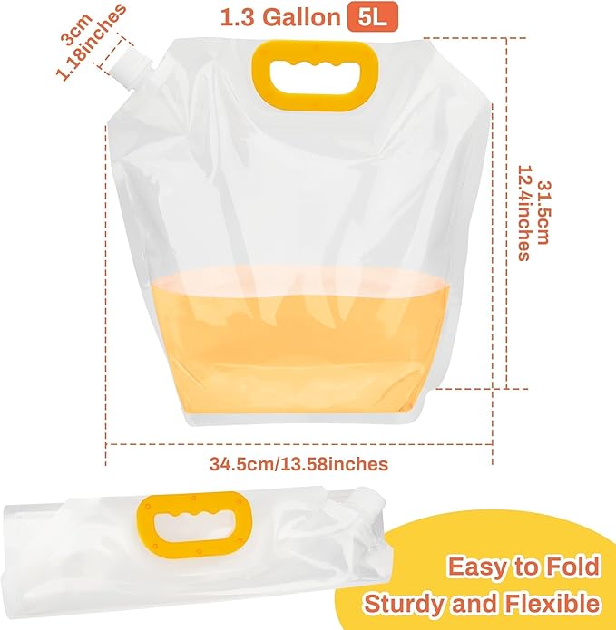Collapsible Water Container 4-Pack, 1.3Gallon/5L Portable Water Storage Bag for Camping, Hiking, RV, Emergency - BPA-Free, Leakproof, Freezable