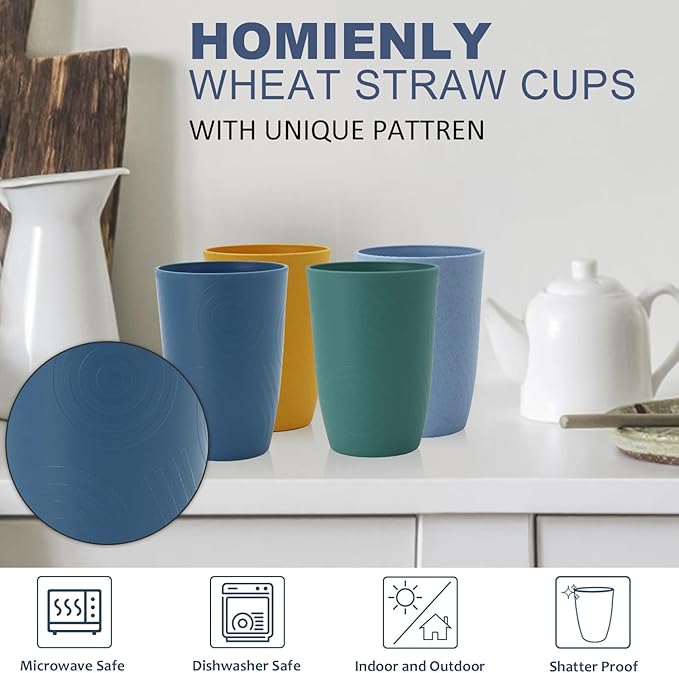 Homienly Wheat Straw Cups Set Unbreakable Drinking Glasses & Reusable Plastic Cups Alternative Microwave Dishwasher Safe Tumblers 16 oz Cups for Kitchen, Kids, Water, Coffee, Juice, Set of 6 (Multi)
