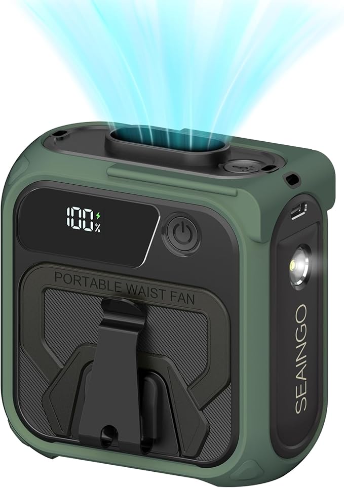 SEAINGO Portable Waist Fan Rechargeable – 10000mAh, 42 ft/s Max, 5 Speeds 16000RPM, Personal Cooling Wearable Clip Body Belt Shirt Fans, Hanging Neck Fan with Light for Camping Travel Outdoor Indoor