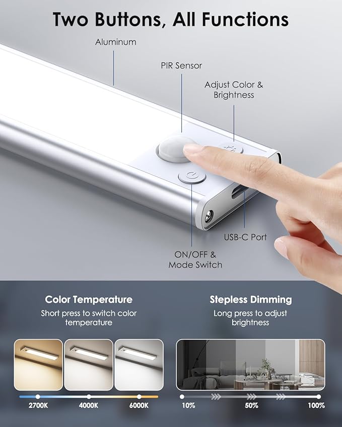 5-Pack Under Cabinet Lighting, 68LED 2000mAh Rechargeable Battery Operated Motion Sensor Light Indoor, 3 Color Wireless Dimmable Closet Lights, Magnetic Under-counter Light Fixtures for Kitchen, Home