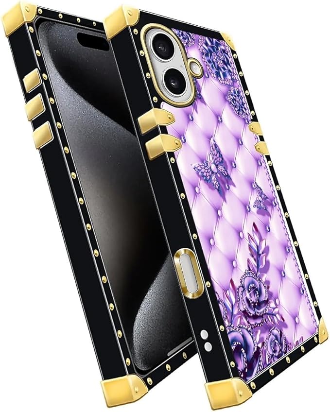 for iPhone 17 Case Luxury Golden Decoration for Girl Women Soft TPU Shockproof Protective Hard PC Back for iPhone 17 Crazy Pattern Purple Butterfly Flowers Leaf