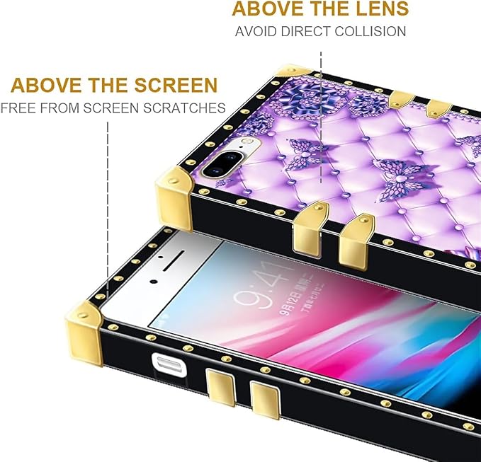 Compatible with iPhone 8 7 SE Case, Purple Butterfly Flowers Leaf Luxury Golden Decoration for Girl Women Soft TPU Shockproof Protective Hard PC Back for iPhone 8 7 SE