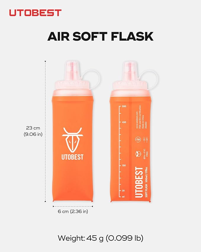 UTOBEST Soft Flask Collapsible Running Water Bottle, Flexible TPU Folding Bottles for Hydration Pack for Hiking Cycling (Orange-500ml*2)