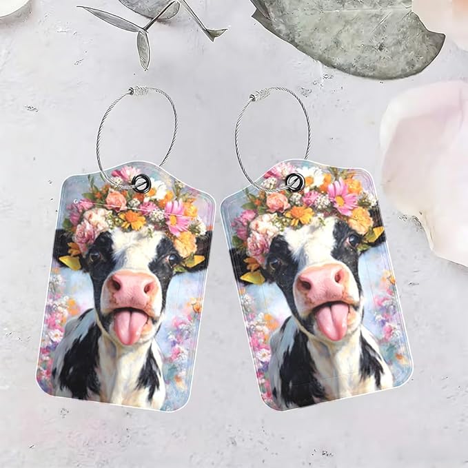 2Pcs Spring Floral Cow Luggage Tags for Suitcases, 2.83x4.53 Cute Farm Animal ID Labels with Privacy Cover, Aesthetic Flower Crown Bag Tags for Backpacks, Mothers Day Travel Gifts, Set of 2