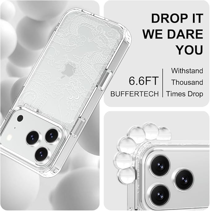 MOSNOVO for iPhone 17 Pro Case | Military Grade 6.6ft Drop Tested | Camera Control | Clear with White Dragon Design