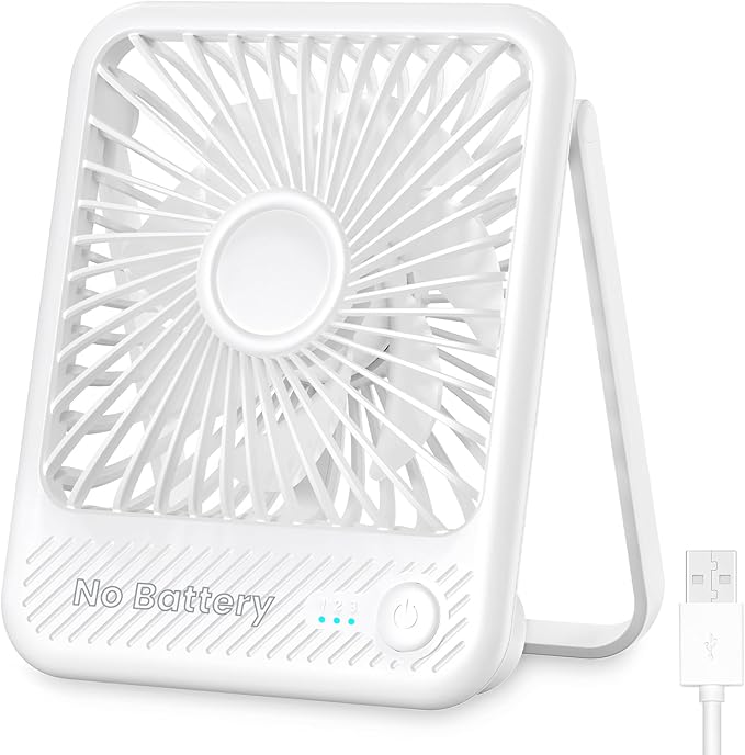 Koonie USB Desk Fan, Strong Wind Ultra Quiet Small Personal Fan with 180° Tilt Folding and 3 Speeds Adjustable, USB-C Corded Powered Mini USB Fan for Office Desktop Bedroom White, NO BATTERY