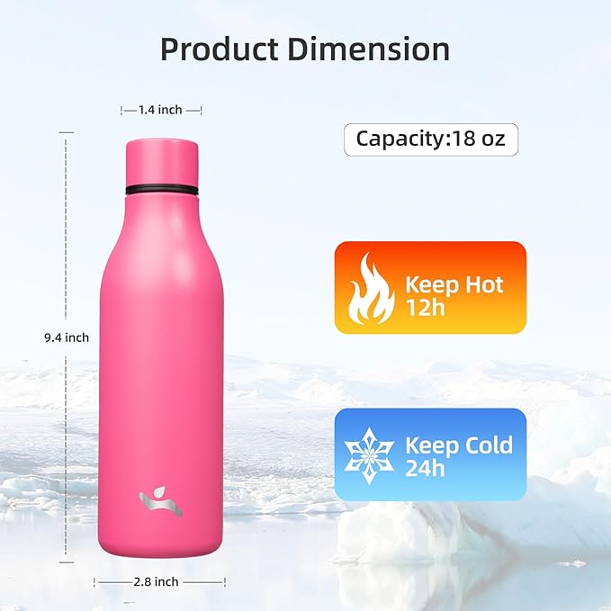 Konokyo Insulated Water Bottle with Strap,18 oz Double Wall Stainless Steel Vacuum Bottles Metal Water Flask,Pink