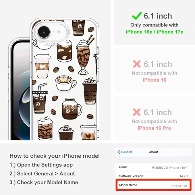 MOSNOVO for iPhone 17e Case/iPhone 16e Case, Shockproof Military-Grade Protection 6.6ft Drop Tested, Clear Phone Case for iPhone 16e / iPhone 17e, Coffee Design