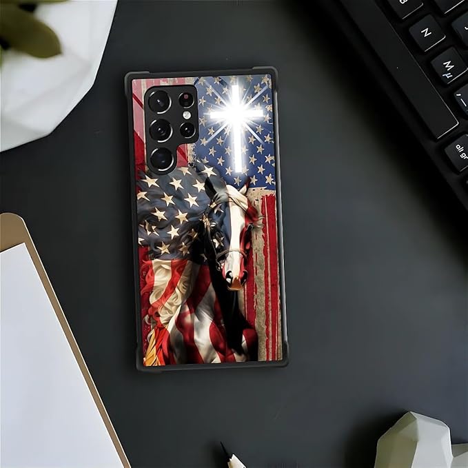for Samsung Galaxy S22 Ultra Case, Red American Flag Horse Cross Pattern Graphic Design Girl Boy Soft Silicone Hard Acrylic Shock Protection for Samsung Galaxy S22 Ultra