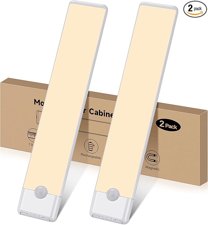 Motion Sensor Under Cabinet Lights, Magnetic Rechargeable Under Counter Closet Light, Wireless Night Light Bar Stick-On, 2-Pack, Warm White