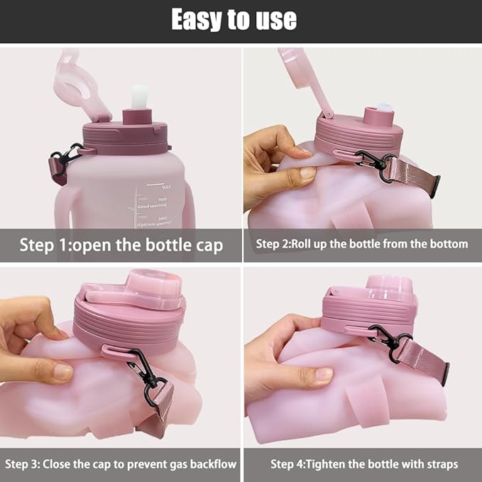 64oz Foldable Silicone Water Bottle with Straw, BPA-Free Motivational Time Marker, Leakproof Collapsible Water Jug with Handle for Gym, Sports, Camping & Outdoor Activities (Pink)